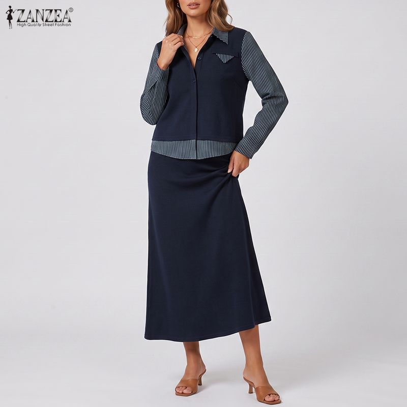 ZANZEA Women Splice Long Sleeve Blouse and Skirts Casual Two Piece Suit Sets