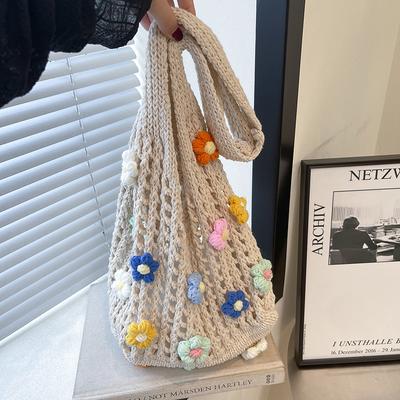 Large Capacity Commuter Premium Sense Flower Tote Bag Women's 2025 New Summer Hollow Knitting Bag Shoulder Knitting Bag