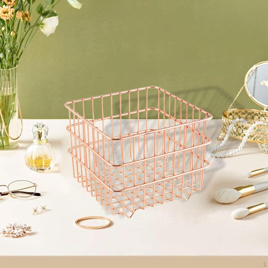 Iron Storage Basket Cosmetic Organizer Square Sturdy Snack Bin Wire for Bedroom Kitchen