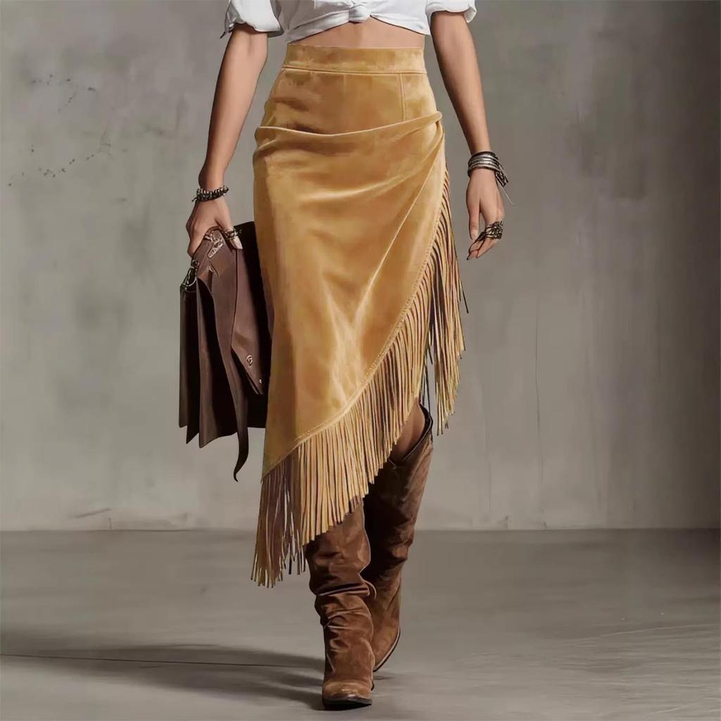 Retro Western European Suede Skirt with Irregular Design, Solid Color, 2026 Style