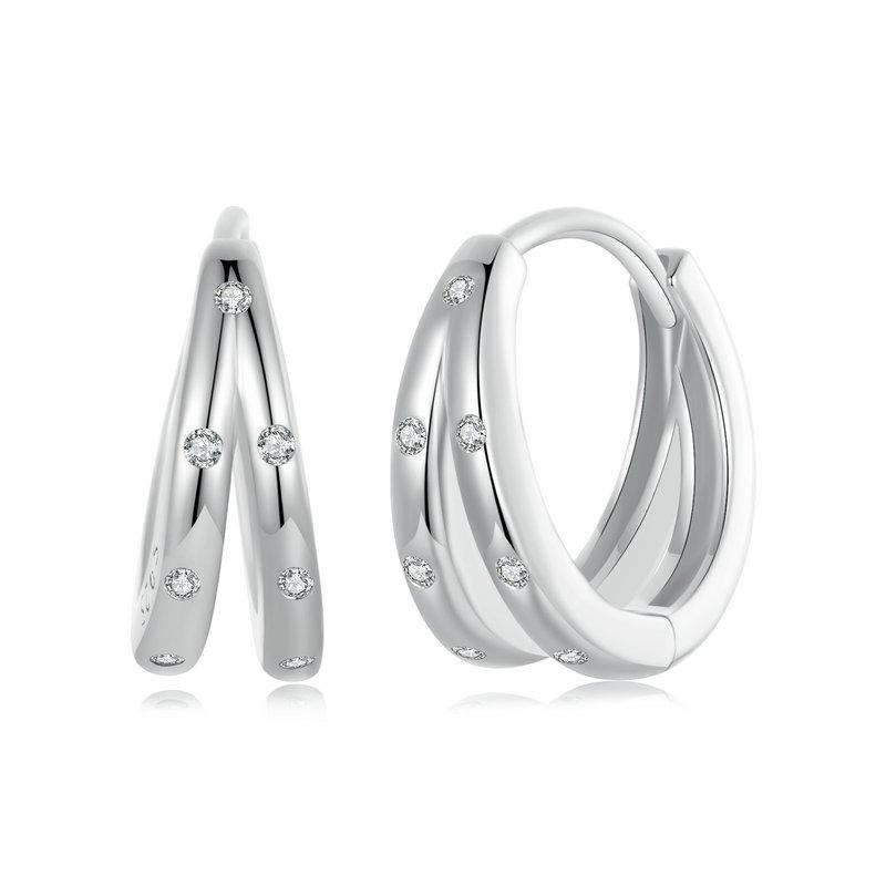 WOSTU 925 Sterling Silver Simple Zircon Double layers Ear Buckles Women Wedding Circle Hoop Earrings Party Jewelry Accessories