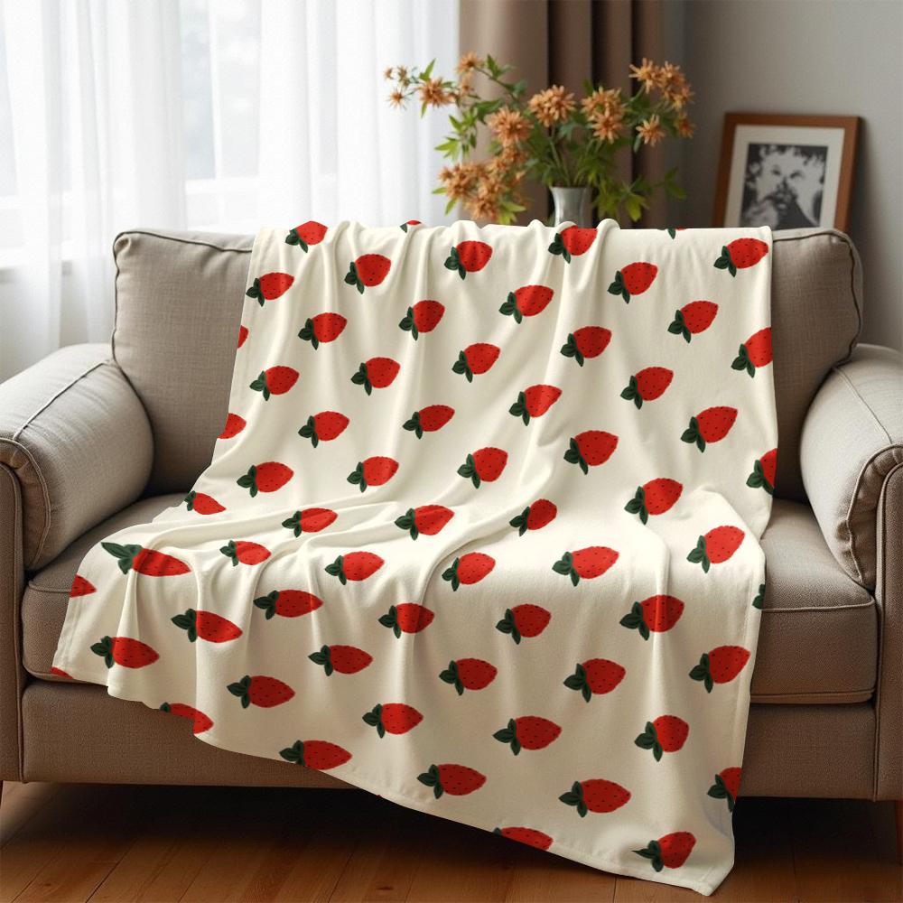 Minimal Cream Strawberry Anime Cartoon Flannel Blanket Soft Warm Throw for Bedroom Sofa Car Kids Holiday Gift