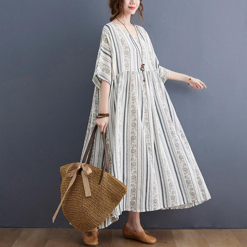 Sommer neues Retro Altersreduktion locker Fett mm kurzärmeliges bedrucktes Pendelkleid Damen