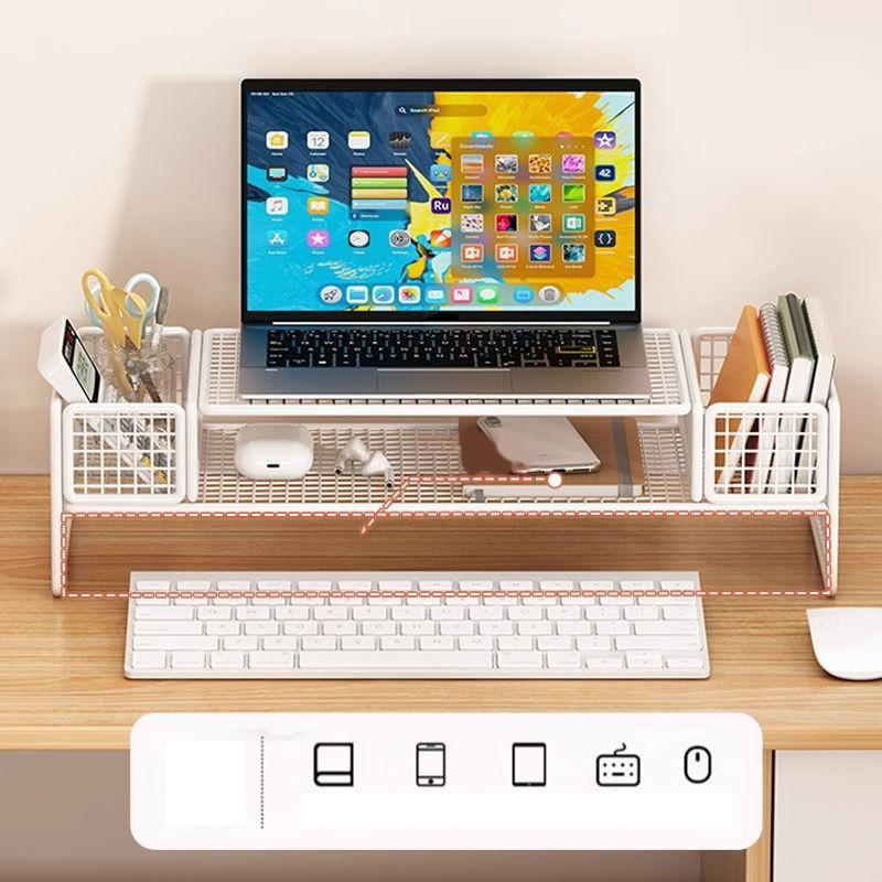 Double-Deck Computer Monitor Riser Holder Pc Screen Stand Bracket Desktop Laptop Keyboard Mouse Storage Organizer Pen Container