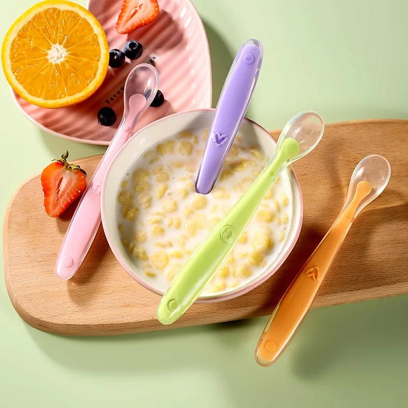Baby Feeding Spoons Training Children Infant Temperature Sensoning Food Grade Flatware Tableware Cutlery Silicone Spoon With Box