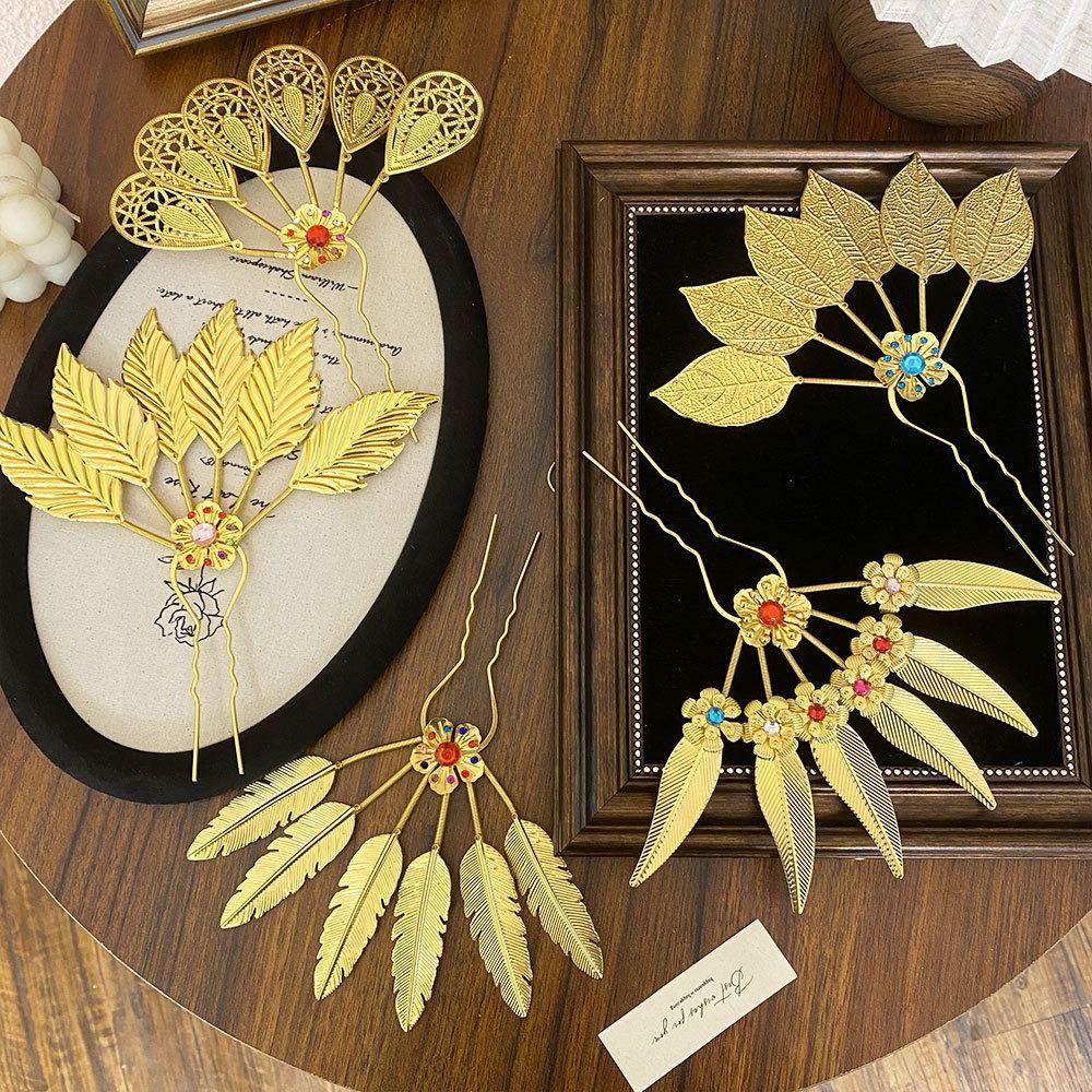 Ancient Thai Hair Sticks Rhinestone U-shaped Hairpin Retro Gold Hair Fork  Women