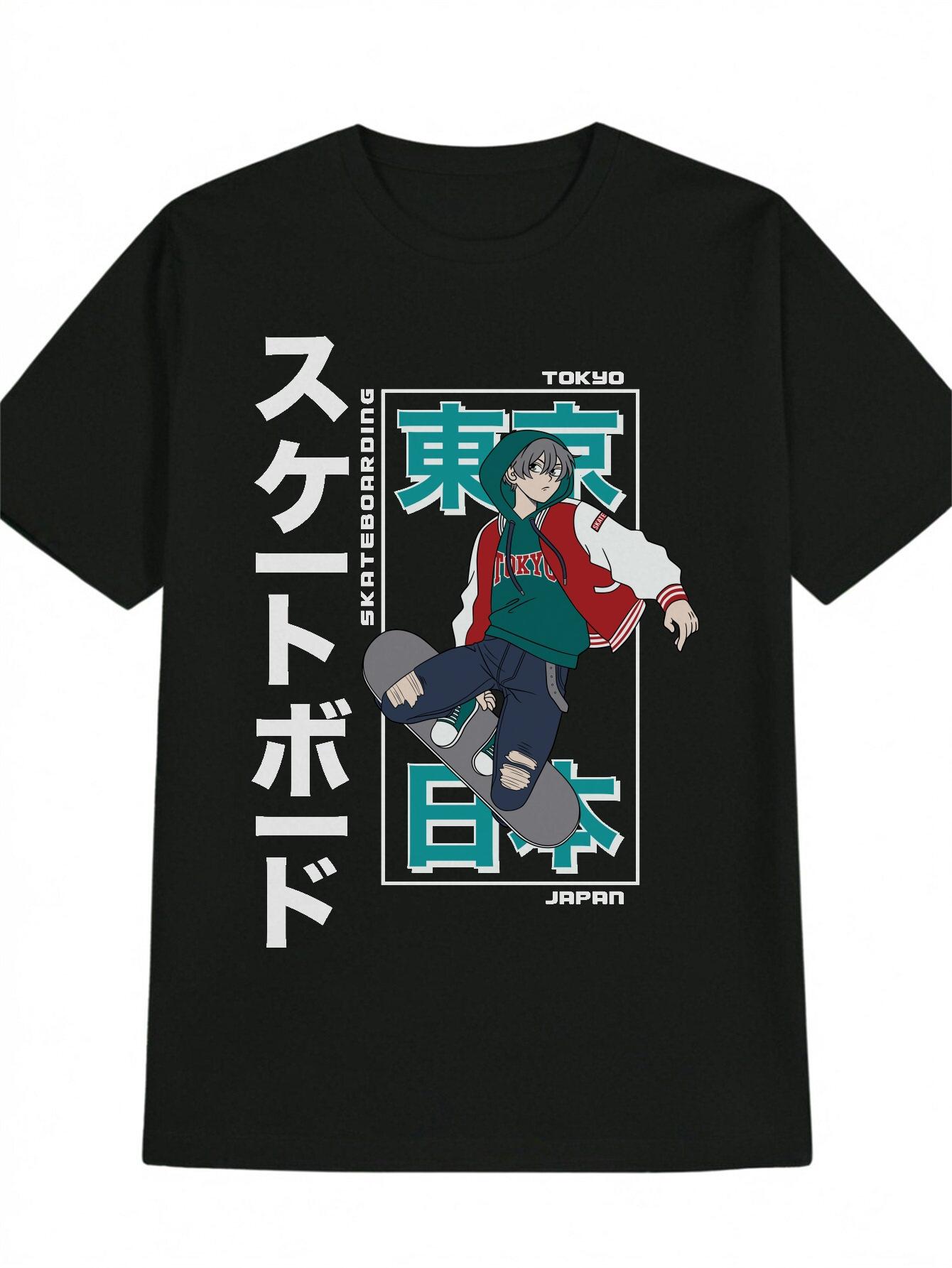 Casual Round Neck T-shirt with Tokyo Slam Skateboard Graphic Print - Black Summer Tee XL