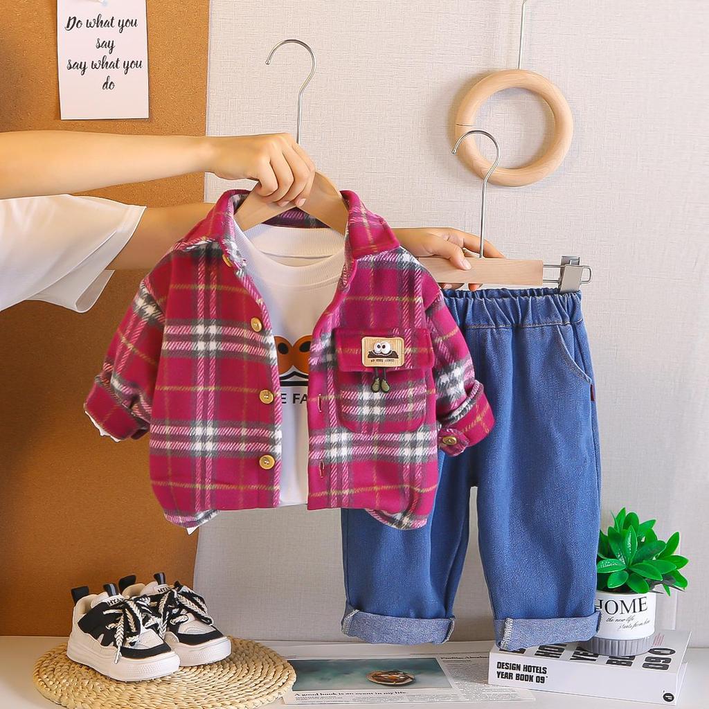 Boys' long sleeved 3-piece set, 0-5-year-old Children's checkered shirt jacket, White T-shirt, Casual denim pants, High-quality clothes