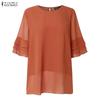 ZANZEA Women Casual Round Neck Solid Color See-Through 3/4 Sleeve Loose Cover Up Blouse