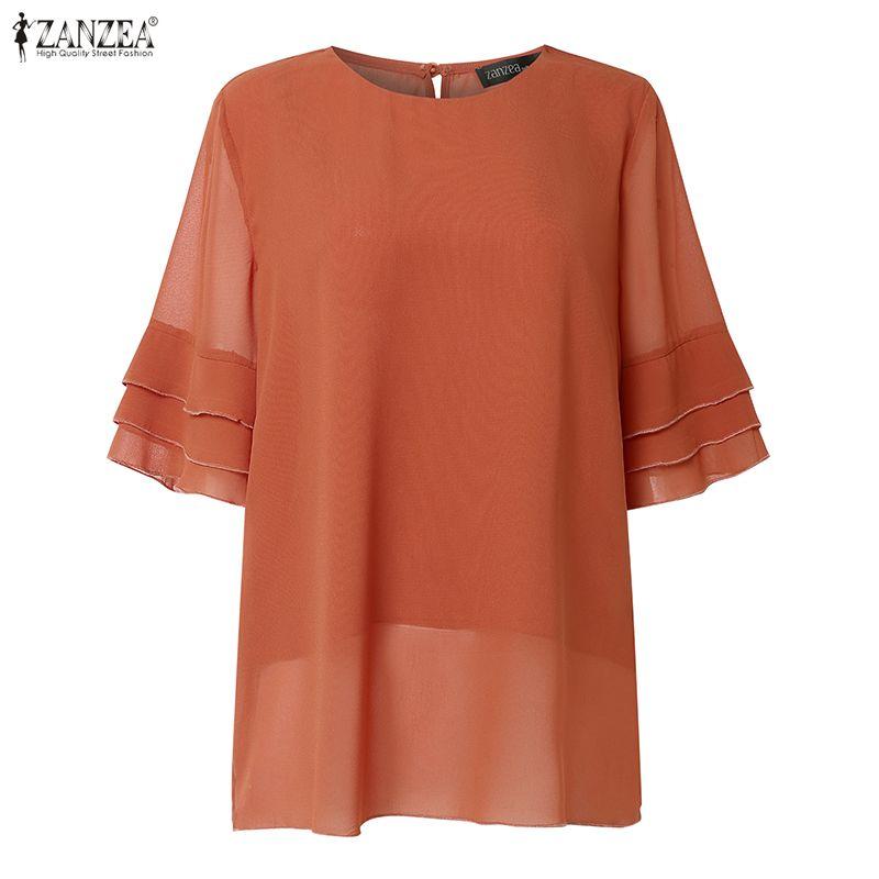 ZANZEA Women Casual Round Neck Solid Color See-Through 3/4 Sleeve Loose Cover Up Blouse
