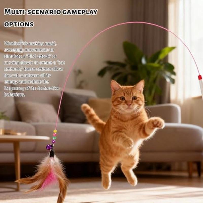 Cat Feather Wand Toy - Steel Wire Feather Interactive Cat Stick Training - Beads Bells Kitten Wand Toys Pet, Funny Kitten Fishi