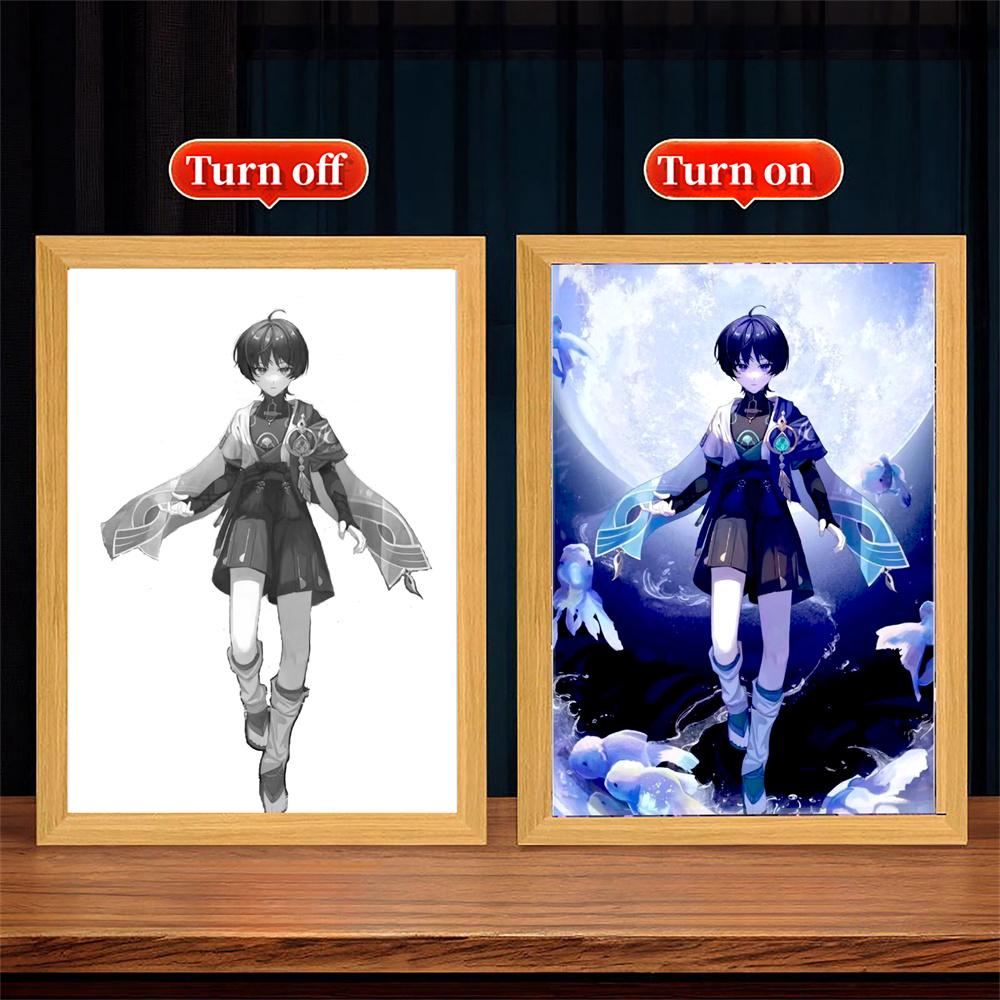 Anime Figure Genshin Impact Light Painting Photo Frame  Raiden Shogun Action Led Night Light Room Decor Christmas Gift Moon Lamp