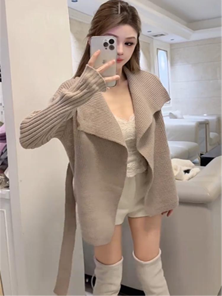 Women's European Chic Tie-Waist Cardigan Sweater - Stylish Autumn/Winter Fashion