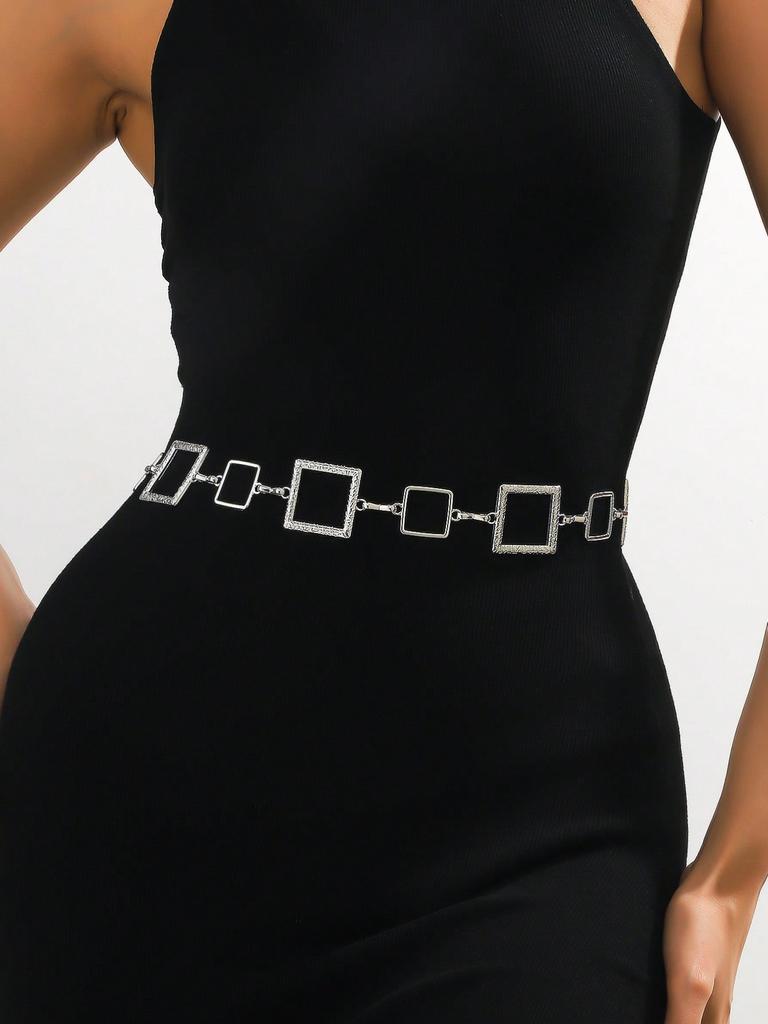 1pc Women's Square Metal Waist Chain, Engraved Hollow Out Belt, Fashion Body Chain for Dresses & Jeans