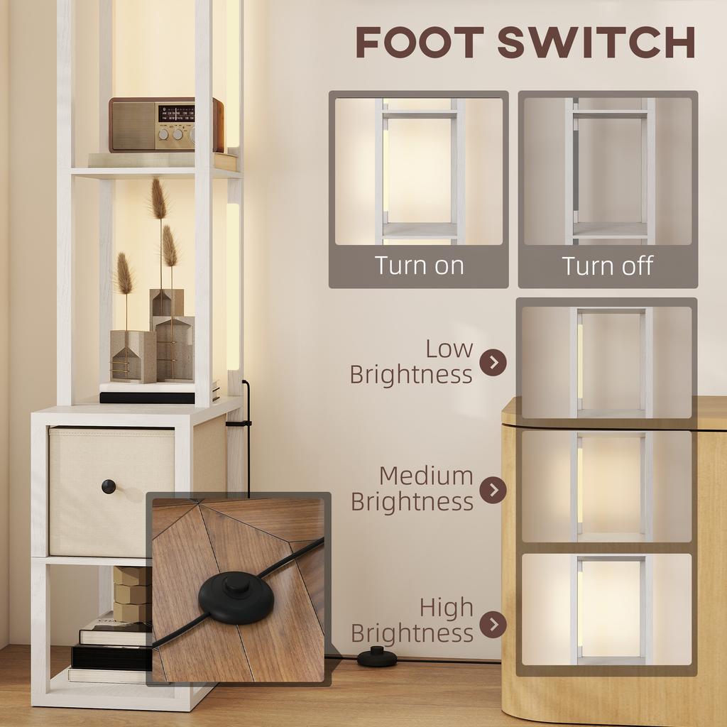 Floor Lamp with Shelves, LED Column Modern Standing Lamp with Fabric Drawer, Adjustable Brightness, Foot Switch for Living Room, Bedroom, Office