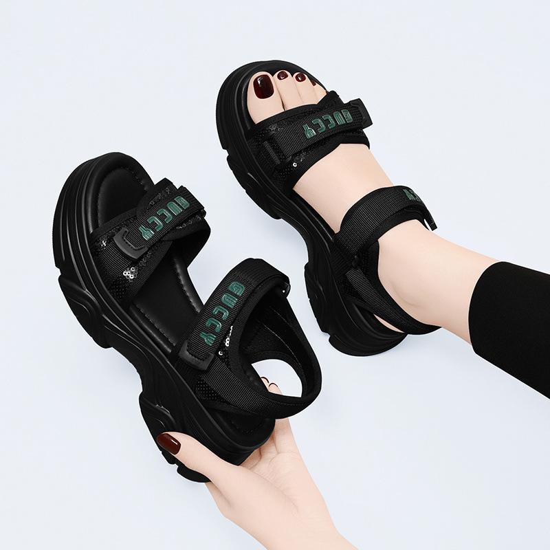 Slope heel Roman women's summer new refreshing breathable heightening single shoes women's black platform sports sandals