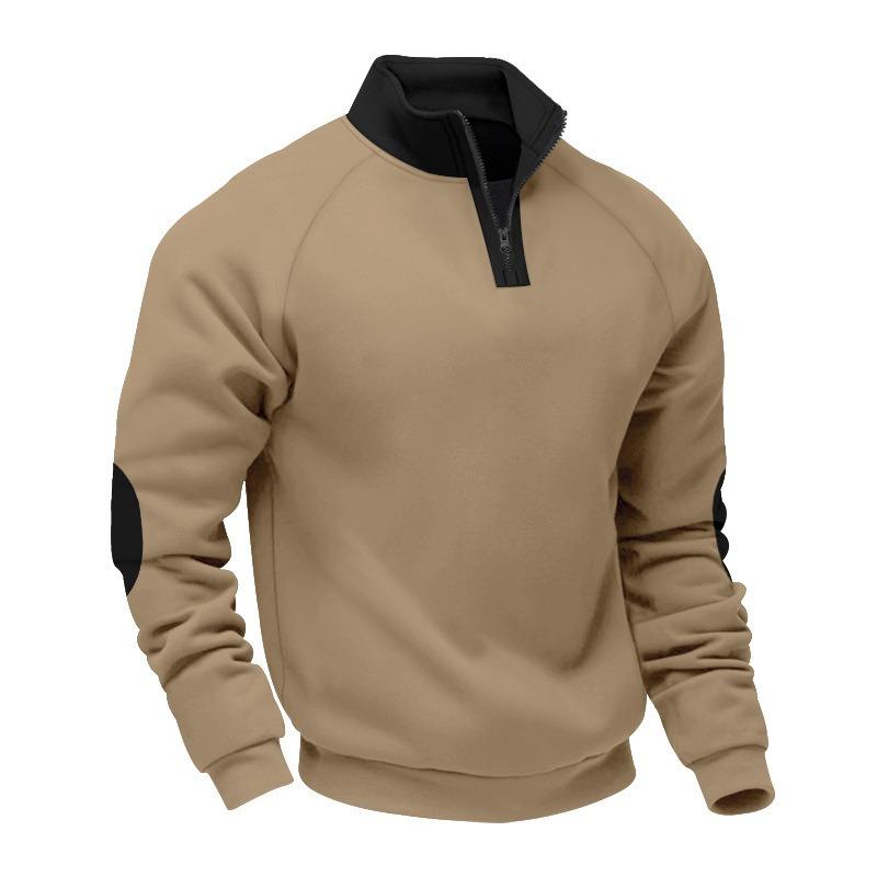 Men's New Color Block Stand Collar Pullover Sweatshirt, Heavyweight Fleece Lined Loose Long Sleeve Top for Spring Autumn Casual Wear