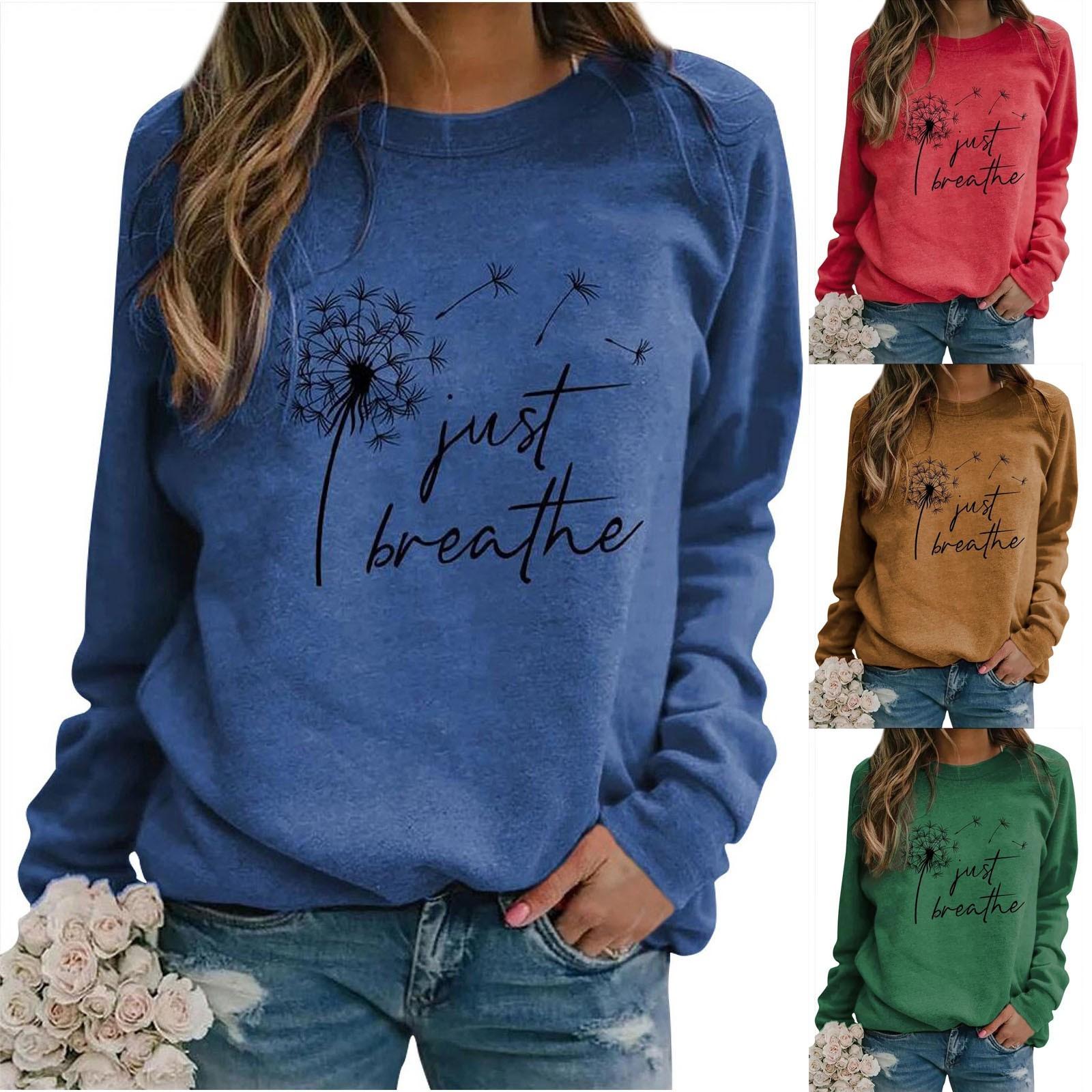 

Женская толстовка с круглым вырезом и длинными рукавами, свободный топ с цветочным принтом и буквенным принтом