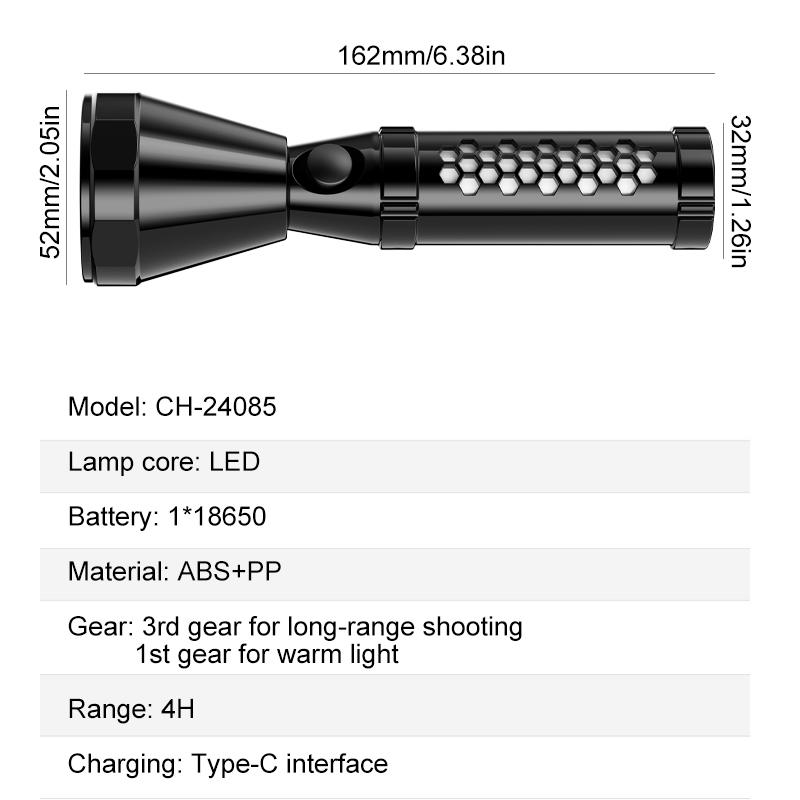 Top corner mode of LED portable flashlight with cellular side light supports TYPE-C charging.