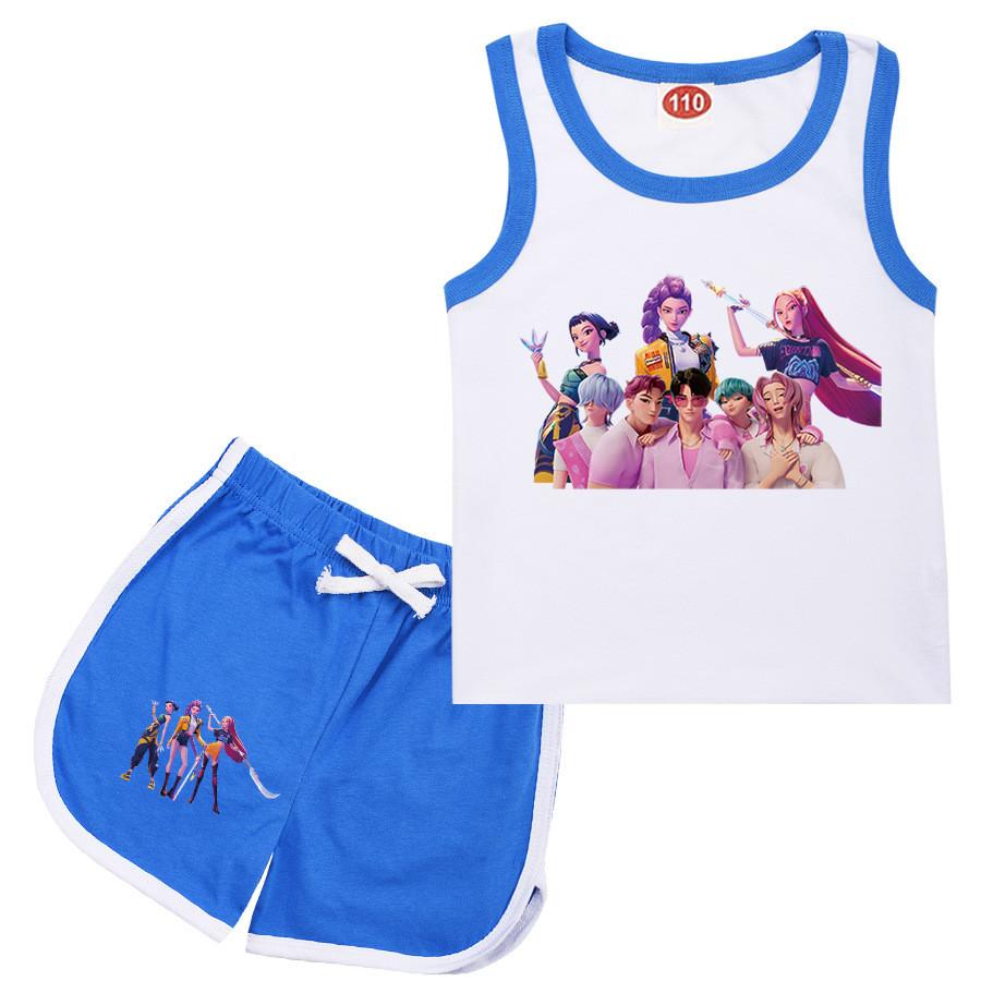 

Детский Девочки Аниме Мультфильм K-Pop Руми Принт Хлопок Без рукавов Футболка Майка Шорты Набор Одежды 170cm синий
