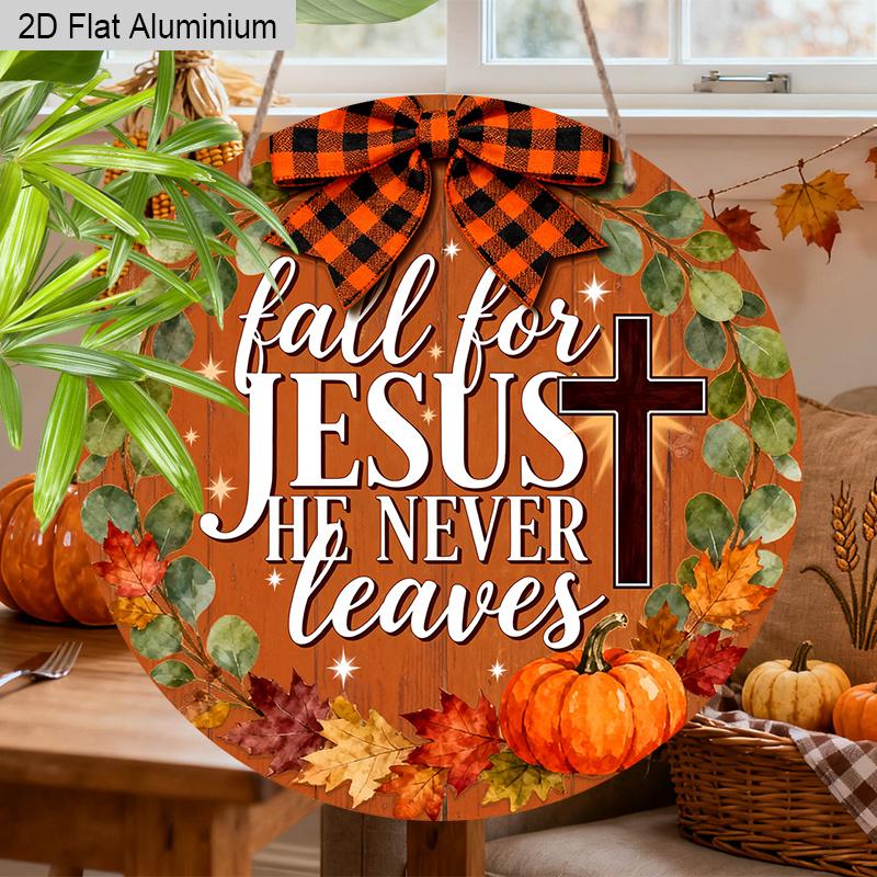 2D Flat Jesus Fall Aluminium Sign with Bow & Cross Pattern - Thanksgiving Figurine Ornaments - Ideal for Front Door, Wall, Porch, Fence Decor - Ideal