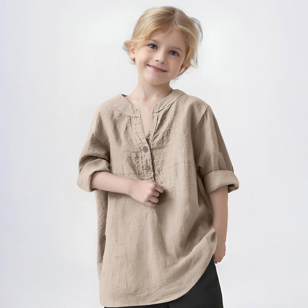 Kinder Baumwolle Hanf Stehkragen Aufrollbar Langarm Rundhals T-Shirt Unifarben Alltäglich Lässiges Hemd