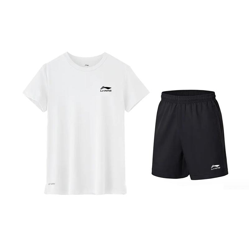 

Li-Ning Однотонная Быстросохнущая Дышащая Футболка с Коротким Рукавом Модный Удобный Простой Спортивный Костюм Кэжуал Брюки Пятиточки Унисекс YATV115-1 S