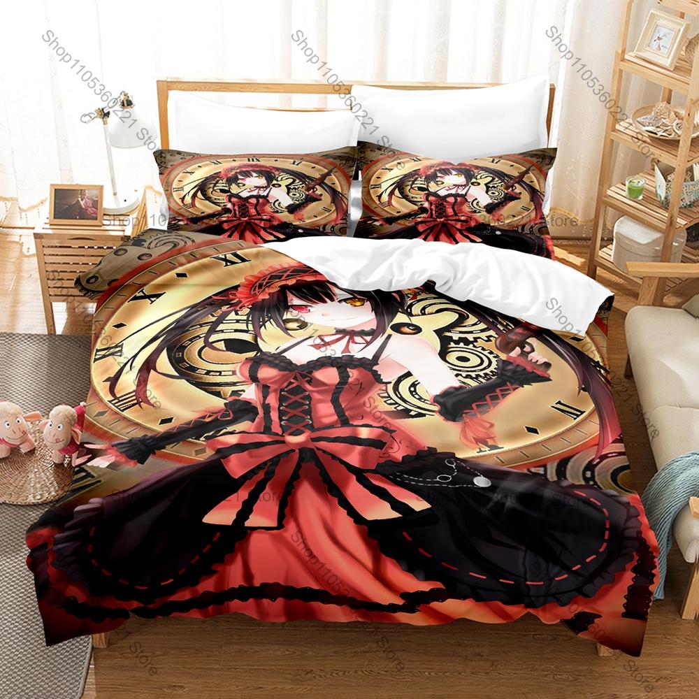 Cool Date A Live Kurumi Tokisaki Black Gothic Dress Spirit Form Bedding Set Duvet Cover + 2 Pillowcases Otaku Room Decor