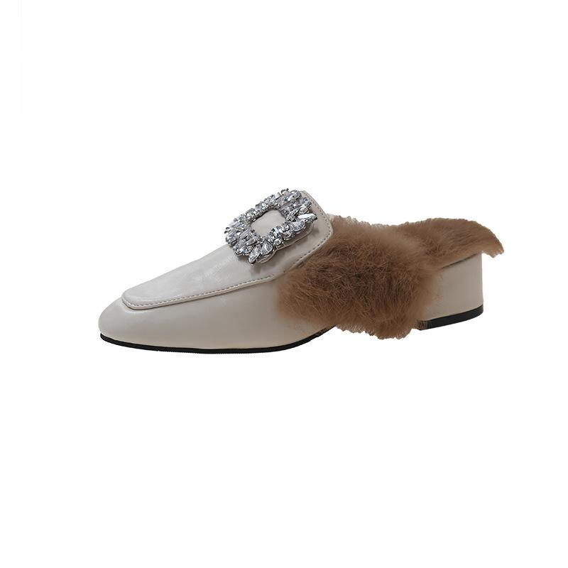 

Baotou outer slippers women s autumn new fashion square head thick heel leather one-character slippers 35