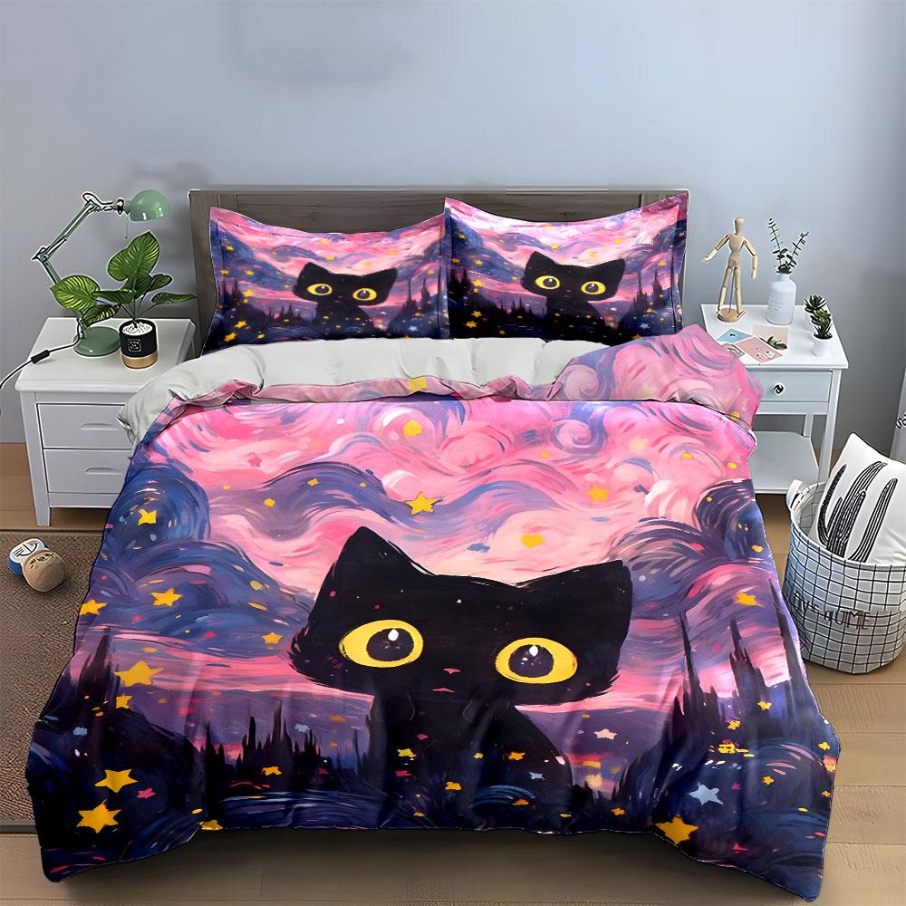 Starry Night Cat Art Set Multiple Sizes Kid'S And Adults' Bedroom Exquisite 3Pc Bedding Set, Gift