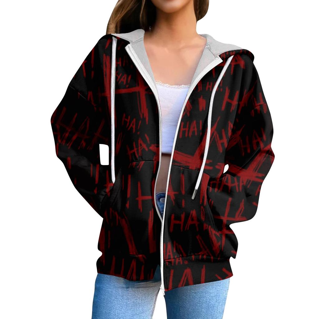 Sweat-shirt à capuche décontracté pour femme à manches longues avec fermeture éclair et cordon de serrage imprimé