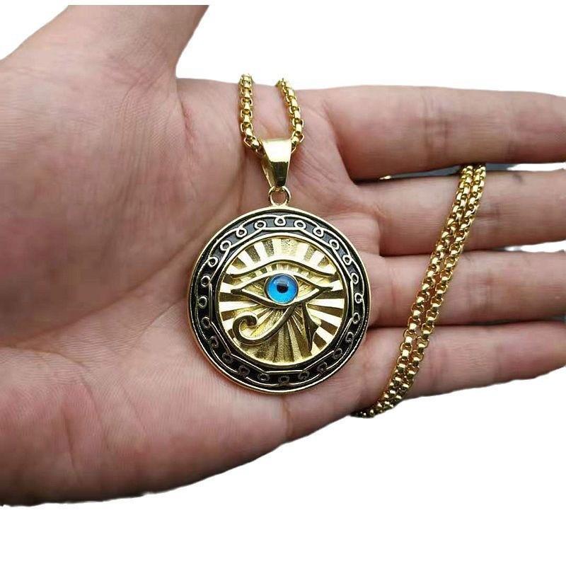 Eco-friendly Alloy Jewelry Electroplated Color-retaining Accessories, Horus Eye Necklace, Blue Eye Round Pendant