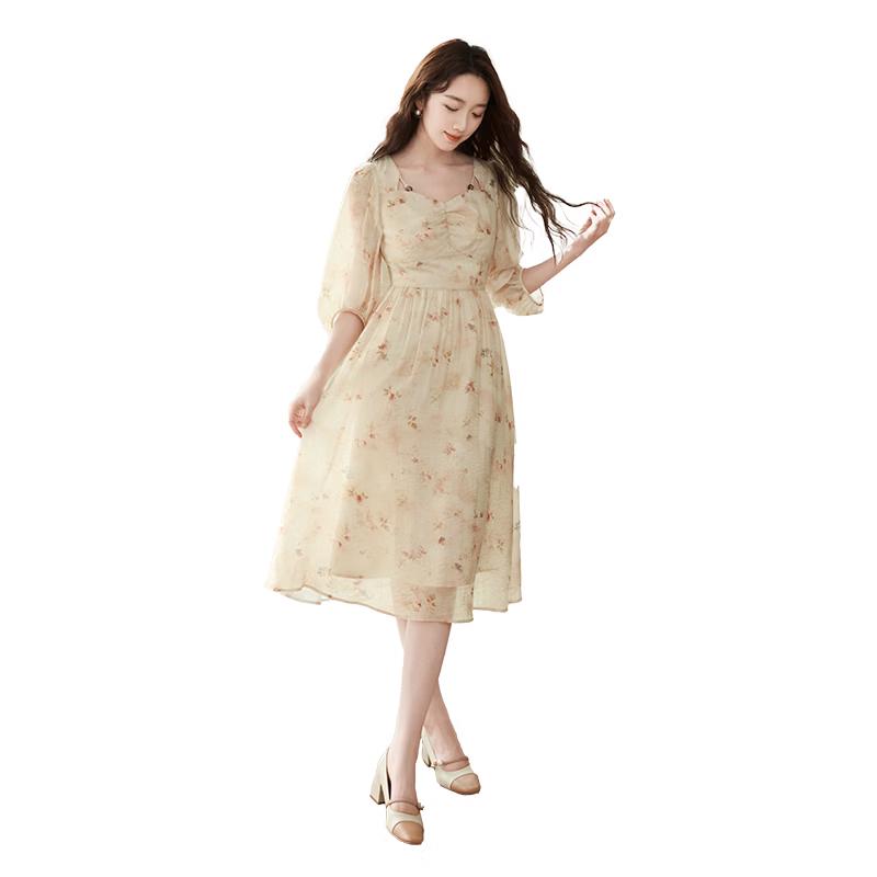 Xiangying French Style Floral V-neck Midi Dress