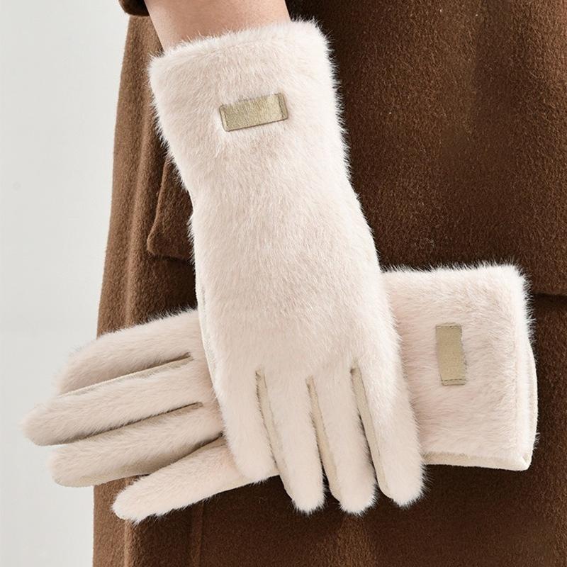 Women Winter Suede Faux Mink Fur Gloves, Cute Touch Screen Finger Gloves, Warm Thermal Gloves For Driving And Cycling