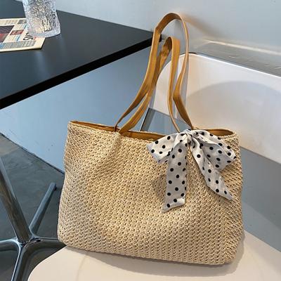 Summer Scarf Bow Straw Bag Women Travel Beach Bag Tote Bag