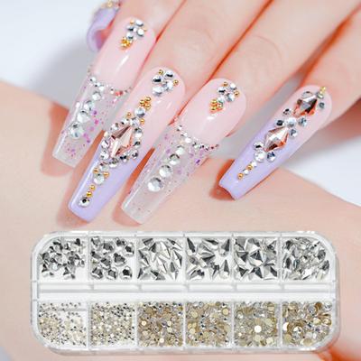 12 griglie/scatola di strass per nail art con retro piatto, anti-caduta, leggeri, misti, colorati, AB, decorazioni per nail art