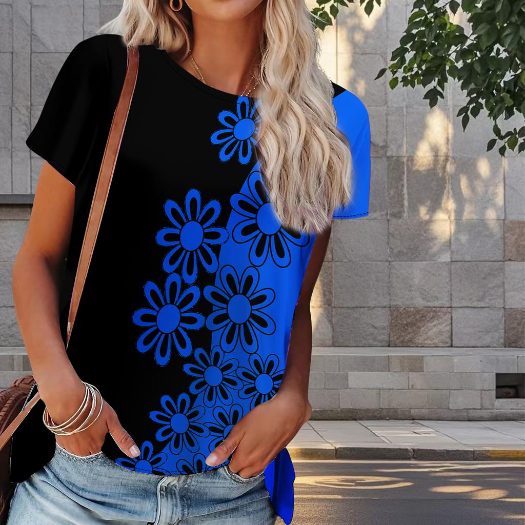 Women Summer T Shirt Flower Print Retro Fashion Short Sleeve Tees Casual   Printed  Tops
