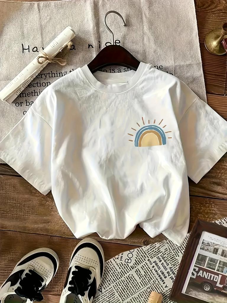 Graffiti Sunshine Print Round Neck Short Sleeve T-shirt Casual and Simple Style Suitable for Summer Women's Casual Wear