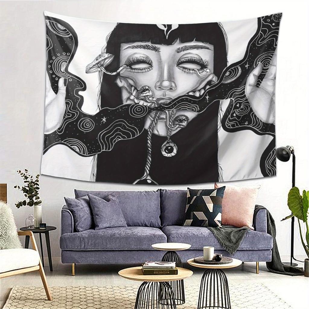 Black White Woman Kissing Snake Tapestry, Gothic Intricate Female Face Art Wall Hanging For Living Room Bedroom Office Bar Decor