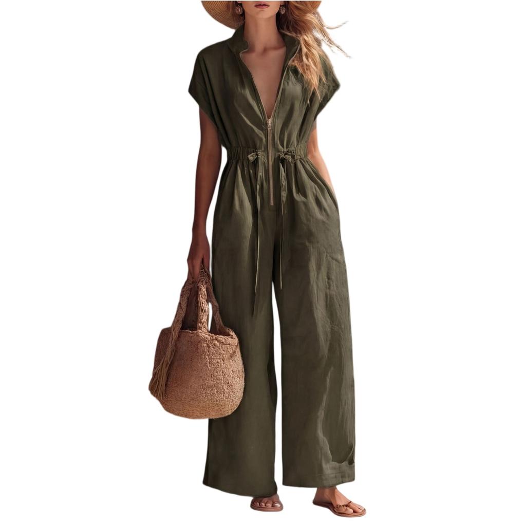 Damen Jumpsuit mit kurzen Ärmeln, V-Ausschnitt, weitem Bein und Kordelzug in der Taille, lässiger lockerer Sitz, leichter Leinen Romper für den Sommer, tägliche Kleidung