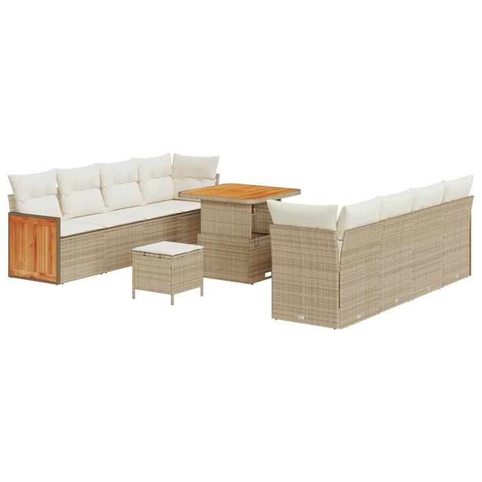 Ensemble de 11 pièces de Canapés de Jardin avec Coussins Beige Poly Rattan Acacia, Ensemble de 3 pièces de Salle à Manger de 3365226