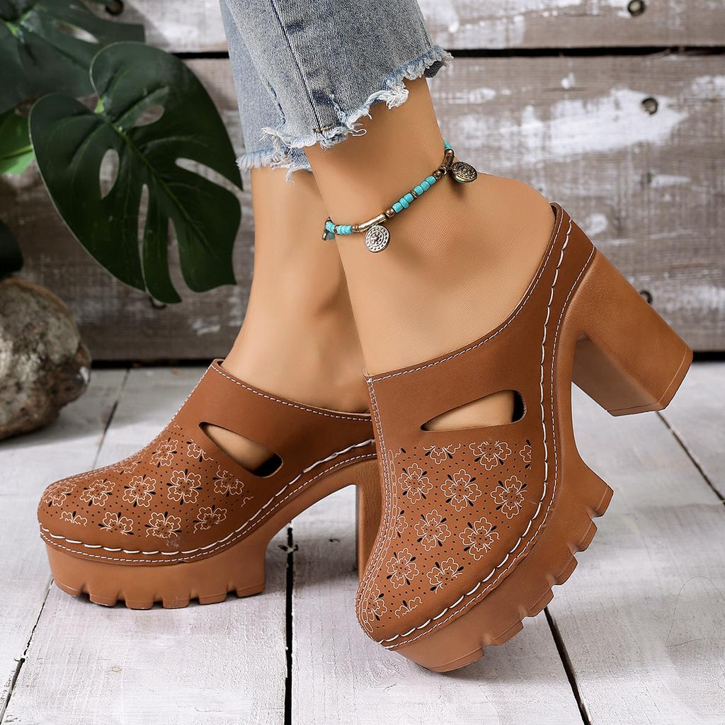 Summer new hollow thick heel thick sole muller shoes women's metal buckle retro style daily street niche design