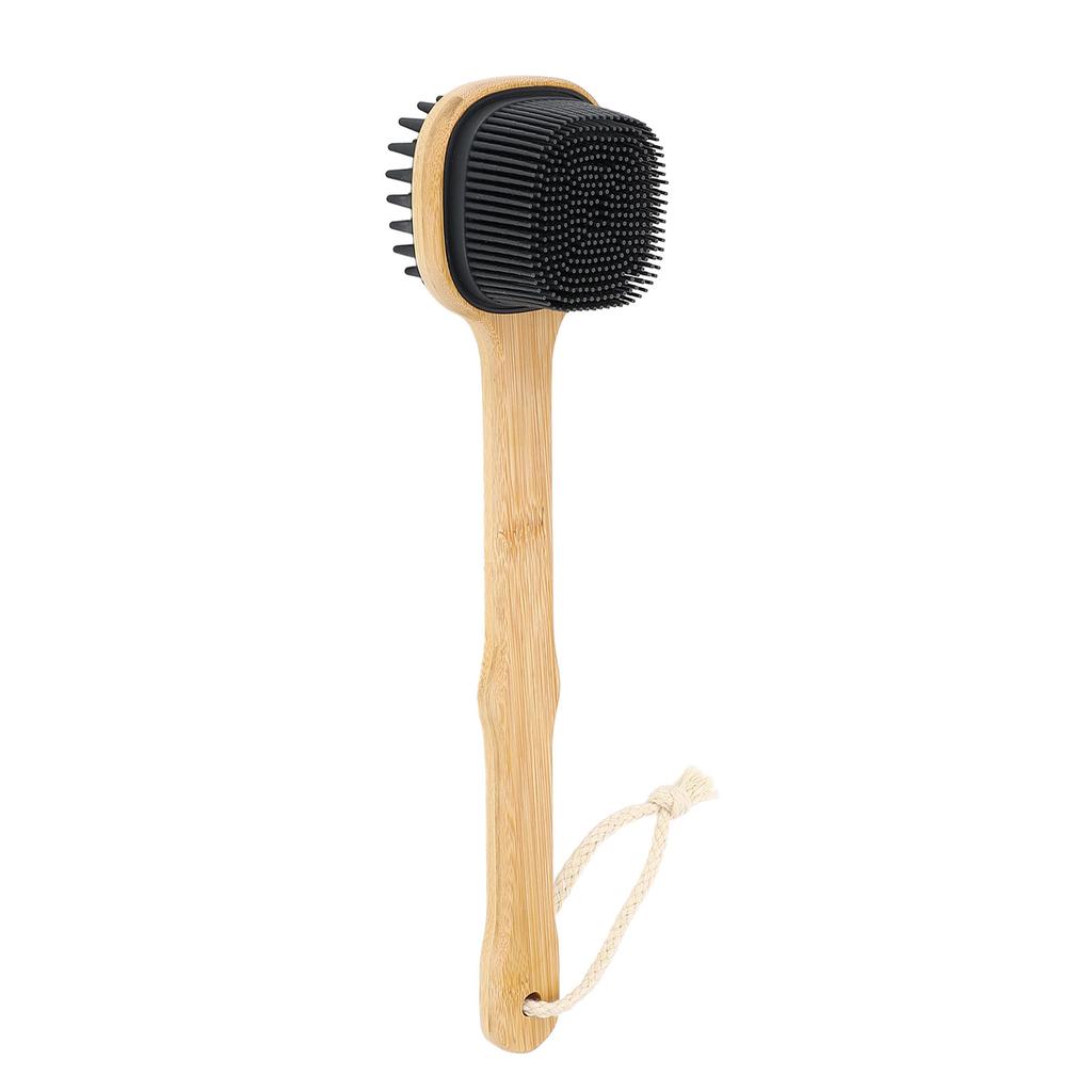 Bath Brush Double Sided Silicone Bristle Shower Brush Bamboo Wood Long Handle Back Scrubber Brush wi