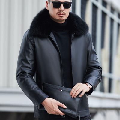 Echtleder-Daunenjacke für Herren, abnehmbarer Fuchspelzkragen, Schaffell-Lederjacke, Herren-Lederjacke