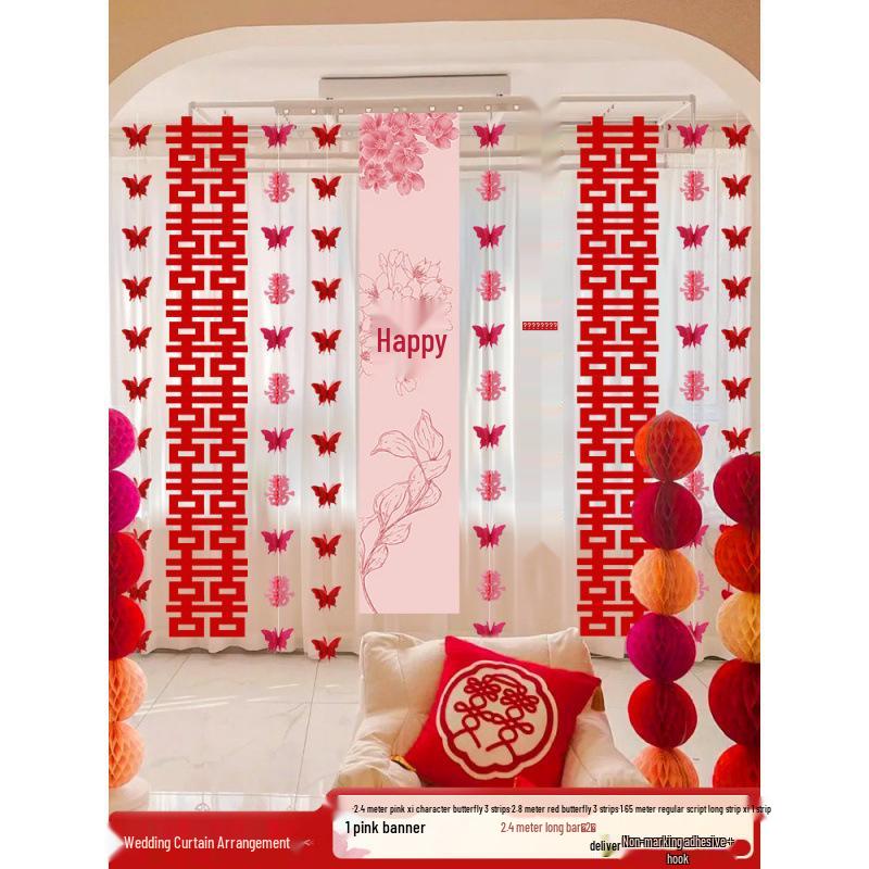 Wedding Room Decor Set: Double Happiness Curtains, Bay Window Trim, Bedroom Bows