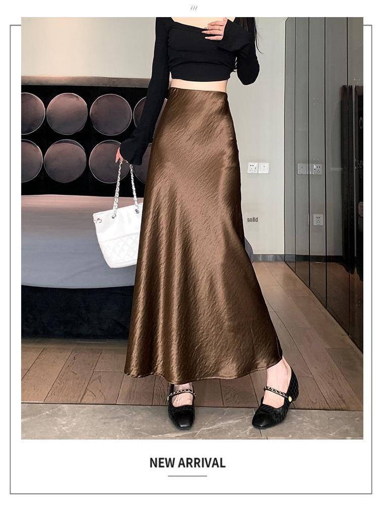Французька спідниця міді А-силуету з атласу з високою посадкою для жінок - Осіння колекція