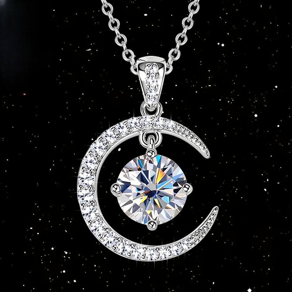 Moissanite Main Stone, Sterling Silver Ladies Pendant Necklace,Moon Sun Element Round Moissanite Pendant Fashion Holiday Gift Jewelry Anniversary Gift