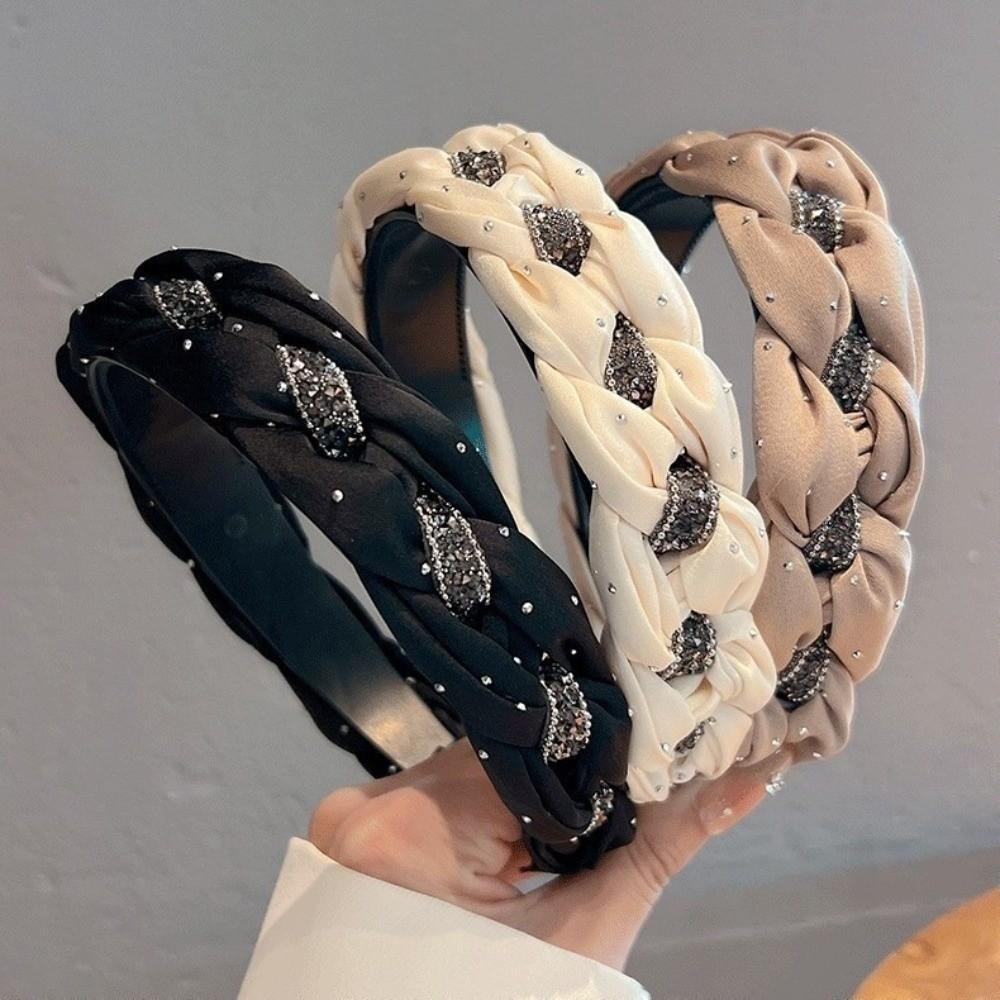 Twisted Knotted High Cranial Hair Hoop Soft Fabric Braided Hairband Rhinestone Headband Daily Use