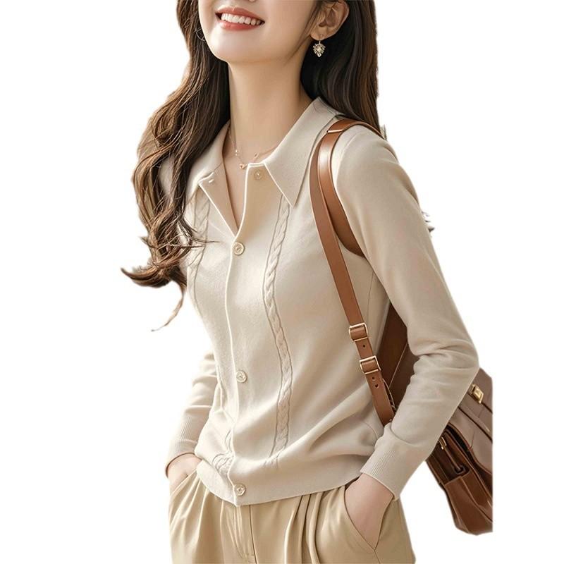 Gentle wind lapel neck long-sleeved knitted sweater autumn new wear bottom top women's sweater