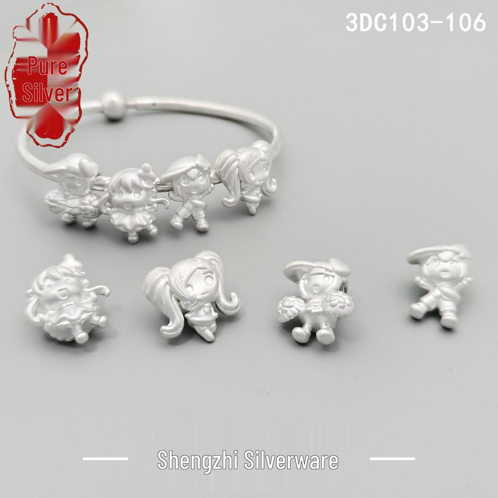 Sterling Silver S999 3D Woven Rope Anime Guardian Sweetheart Spacer Beads Bracelet